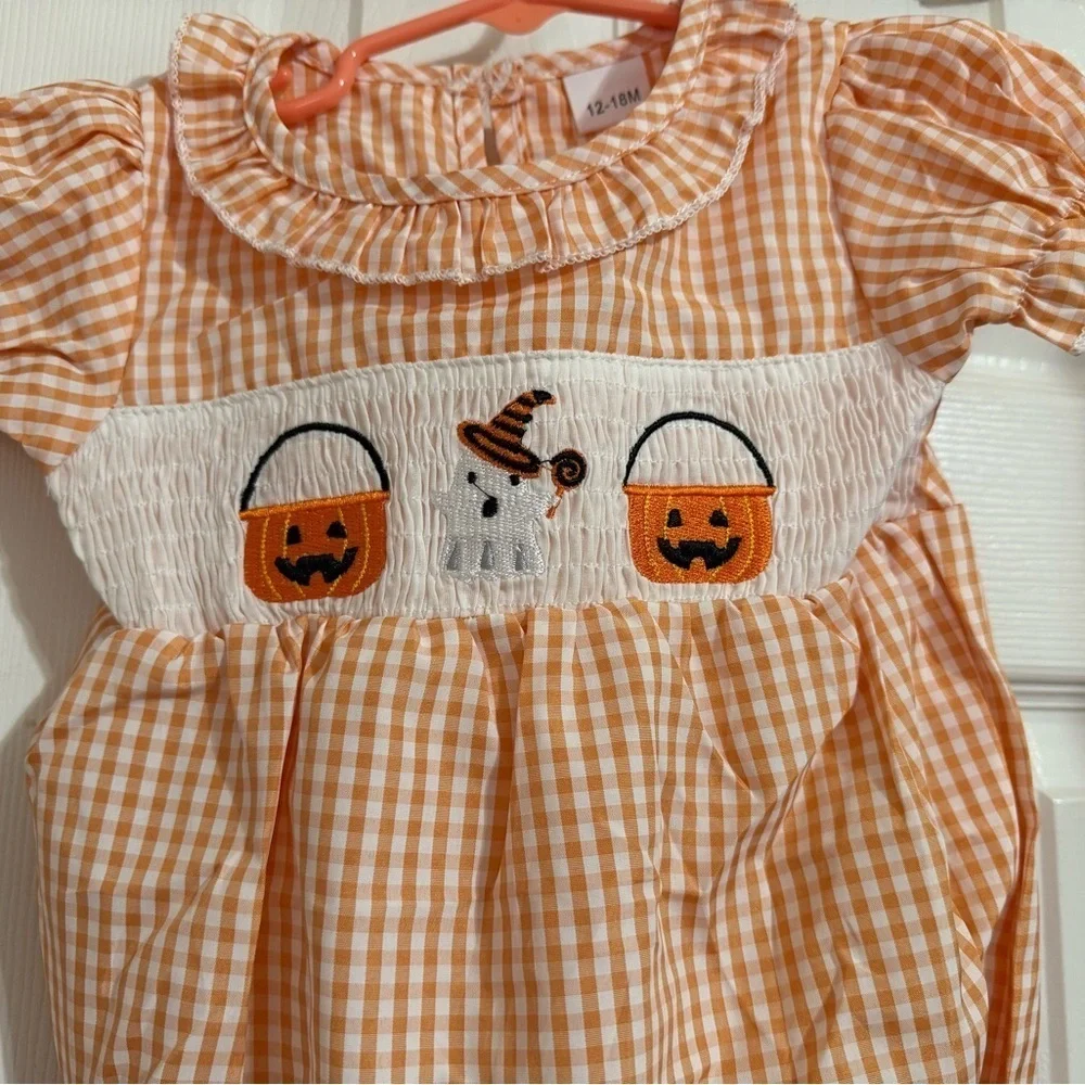 New Smocked Gingham Halloween Romper